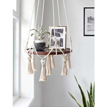 Mkono Hanging Shelf Macrame Plant Hanger Flower Pot Holder Boho Home Decor (with Wood Plate)