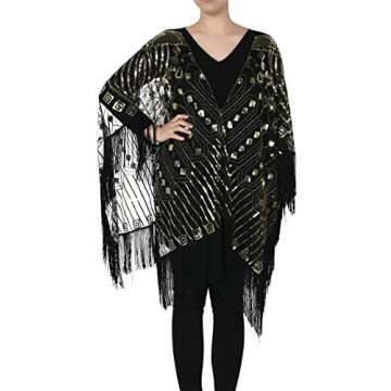 PrettyGuide Women's Evening Shawl Beaded 1920s Cape Poncho Fringed Cover Up Gold Shawl with Fringed