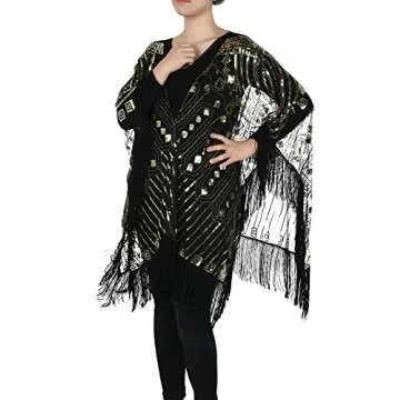 PrettyGuide Women's Evening Shawl Beaded 1920s Cape Poncho Fringed Cover Up Gold Shawl with Fringed