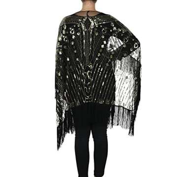 PrettyGuide Women's Evening Shawl Beaded 1920s Cape Poncho Fringed Cover Up Gold Shawl with Fringed