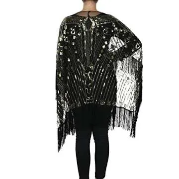 PrettyGuide Women's Evening Shawl Beaded 1920s Cape Poncho Fringed Cover Up Gold Shawl with Fringed