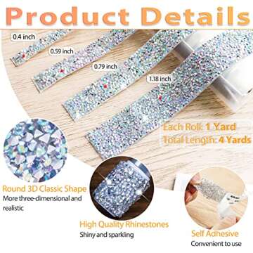 4 Rolls Self-Adhesive Crystal Rhinestone Ribbon for Crafts and Decorations