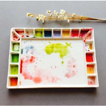 Bower Bird Ceramic Watercolor Palette 18well Rectangle Artist Professional Paint Palette for Acrylic,Gouache Painting Ceramic Mixing Tray (Porcelain) (7.8x5.7in(with Box))