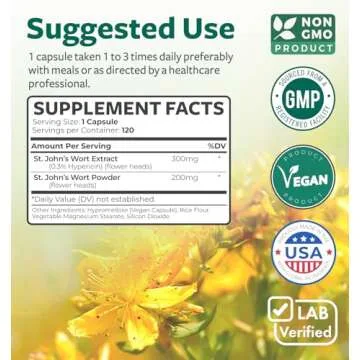 St. John's Wort - 120 Capsules (Non-GMO) Effective St Johns Wort Capsules - Powerful 900mcg Hypericin - Standardized Extract & Whole Herb Supplement - No Oil, Pills, Tea, Tincture - 500mg Per Capsule