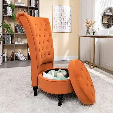 Container Furniture Direct Royal High-Back Velvet Accent Chair for Vanity with Storage and Luxurious Upholstery, Retro Design and Versatile Usage for Livingroom, Bedroom, Lounge and Office, Red Orange