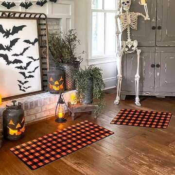 Alishomtll 2 PCS Halloween Kitchen Rugs, Halloween Decor Checkered Rug Kitchen Mats for Floor, Non Slip Kitchen Floor Mats for Halloween Home Decors, 17x30 and 17x47 Inch