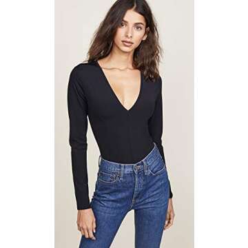 Free People Women's Super Soft Deep V Thong Bodysuit, Black, XS