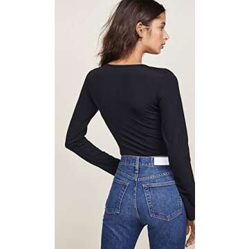 Free People Women's Super Soft Deep V Thong Bodysuit, Black, XS