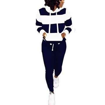 Nimsruc Women's Two Piece Outfits Workout Pants Sets Casual Jogging Suits Long Sleeve Tracksuit Blue White XL