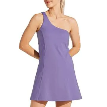 Willit Women's One Shoulder Dress Tennis Exercise Golf Athletic Dress with Bra & Shorts Active Dress with Pockets Lilac S