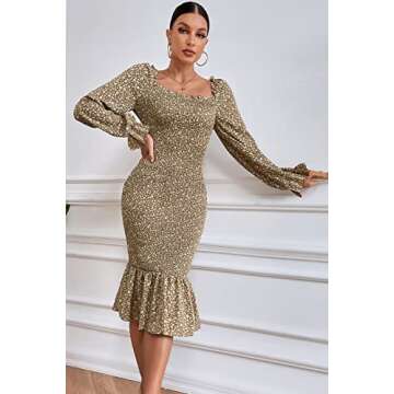 PRETTYGARDEN Women's Long Puff Sleeve Floral Midi Bodycon Dresses Square Neck Ruffle Mermaid Smocked Dress (Khaki,Medium)
