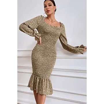 PRETTYGARDEN Women's Long Puff Sleeve Floral Midi Bodycon Dresses Square Neck Ruffle Mermaid Smocked Dress (Khaki,Medium)