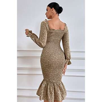 PRETTYGARDEN Women's Long Puff Sleeve Floral Midi Bodycon Dresses Square Neck Ruffle Mermaid Smocked Dress (Khaki,Medium)