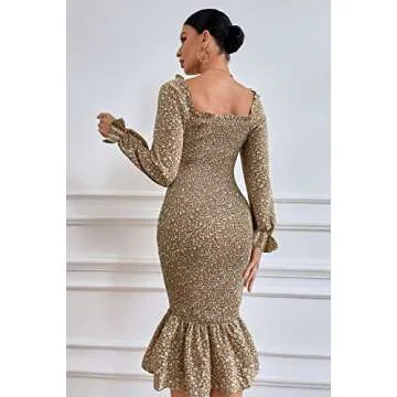 PRETTYGARDEN Women's Long Puff Sleeve Floral Midi Bodycon Dresses Square Neck Ruffle Mermaid Smocked Dress (Khaki,Medium)