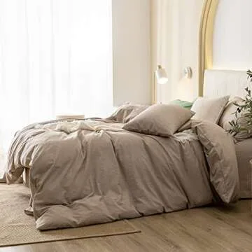 JIYUAN 100% Washed Cotton Duvet Cover Set Comfy Simple Style Soft Breathable Textured Durable Linen Feel Bedding for All Seasons Queen, Taupe