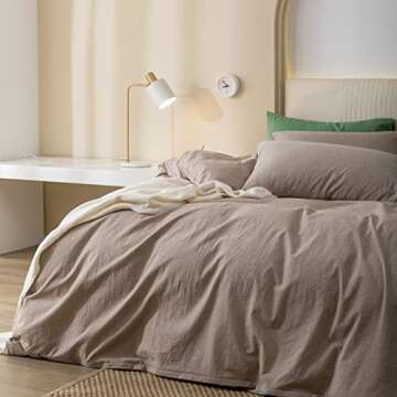 JIYUAN 100% Washed Cotton Duvet Cover Set Comfy Simple Style Soft Breathable Textured Durable Linen Feel Bedding for All Seasons Queen, Taupe