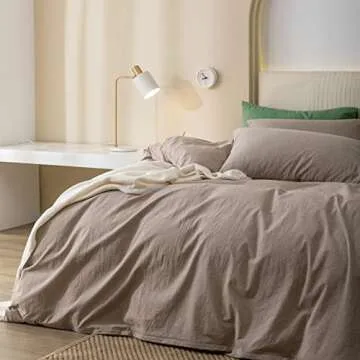 JIYUAN 100% Washed Cotton Duvet Cover Set Comfy Simple Style Soft Breathable Textured Durable Linen Feel Bedding for All Seasons Queen, Taupe