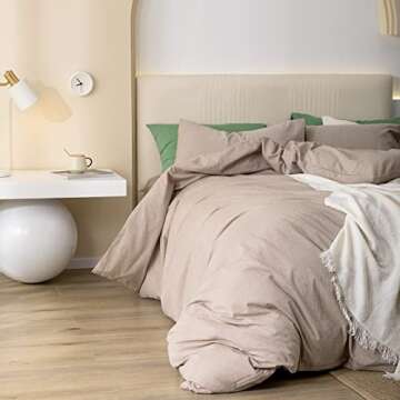 JIYUAN 100% Washed Cotton Duvet Cover Set Comfy Simple Style Soft Breathable Textured Durable Linen Feel Bedding for All Seasons Queen, Taupe