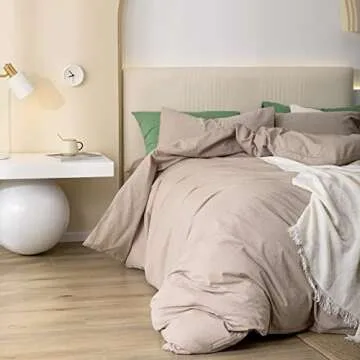 JIYUAN 100% Washed Cotton Duvet Cover Set Comfy Simple Style Soft Breathable Textured Durable Linen Feel Bedding for All Seasons Queen, Taupe