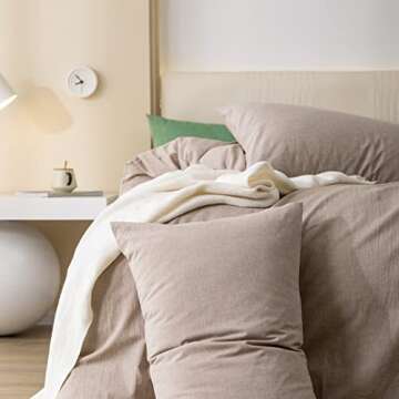 JIYUAN 100% Washed Cotton Duvet Cover Set Comfy Simple Style Soft Breathable Textured Durable Linen Feel Bedding for All Seasons Queen, Taupe