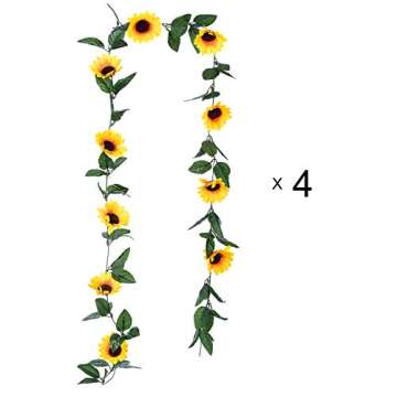 Lvydec 4 Pack Artificial Sunflower Garland - Silk Sunflower Vine Artificial Flowers Garland with Green Leaves for Wedding Party Table Decoration