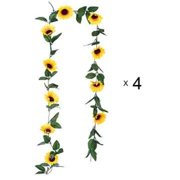 Lvydec 4 Pack Artificial Sunflower Garland - Silk Sunflower Vine Artificial Flowers Garland with Green Leaves for Wedding Party Table Decoration