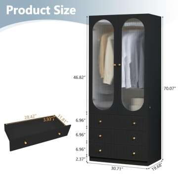 YUCHIATH 70" H Wardrobe Closet with 2 Glass Doors, Armoire Wardrobe Closet with 3 Fluted Drawers and Hanging Rail, Armoire Clothing Organizer for Bedroom (Black)