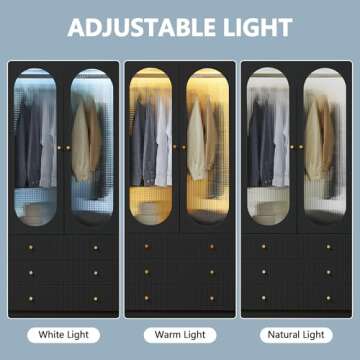 YUCHIATH 70" H Wardrobe Closet with 2 Glass Doors, Armoire Wardrobe Closet with 3 Fluted Drawers and Hanging Rail, Armoire Clothing Organizer for Bedroom (Black)