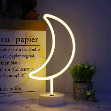 LED Moon Neon Signs, Crescent Night Lights USB Battery Operated Moon Lamp for Birthday Party, Wedding, Halloween, Christmas Decorations-Moon with Holder Base(Warm White)