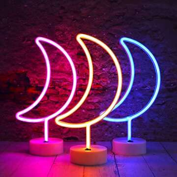 LED Moon Neon Signs, Crescent Night Lights USB Battery Operated Moon Lamp for Birthday Party, Wedding, Halloween, Christmas Decorations-Moon with Holder Base(Warm White)