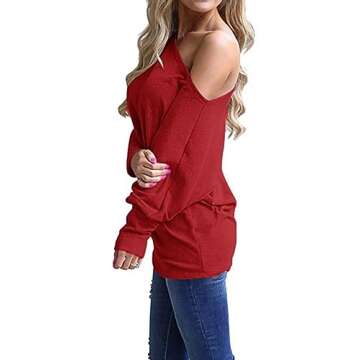 Poetsky Women's Casual Off The Shoulder Tops Loose Batwing Sleeve Tunics Blouse Dark Red L