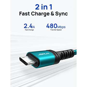 JSAUX Micro USB Charger Cable, (3-Pack 3.3ft+6.6ft+10ft) Android Charger Micro USB to USB A Nylon Braided Cord Compatible with Samsung Galaxy S6 S7 Edge Note 5, Kindle and More-Green