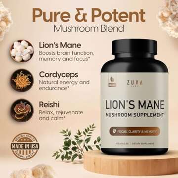 Organic Lions Mane Mushroom Supplement – Lion's Mane Mushroom Capsules with Cordyceps, & Reishi fo...