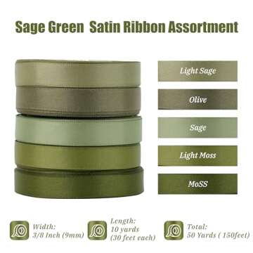DINDOSAL Sage Green Satin Ribbon Pack - 50 Yards