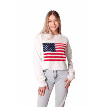 Madore White Soft Oversized American Flag Sweater Women 4th of July 2024 USA Outfits Plus Fourth, Sm...