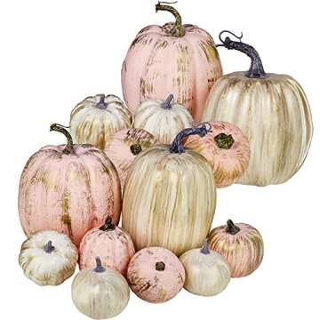 14 pcs Assorted Artificial Gold Brushed White and Pink Pumpkins Rustic Decorative Pumpkins Foam Pumpkins for Farmhouse Fall Table Centerpiece Rustic Fall Wedding Decor Baby Shower