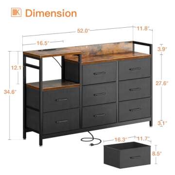 ODK Dresser with Charging Station, 52-Inch Long Dresser for Bedroom with 8 Storage Drawers, Fabric Dressers Chests of Drawers with Sturdy Steel Frame and Wooden Top, Vintage and Black
