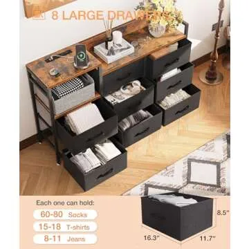 ODK Dresser with Charging Station, 52-Inch Long Dresser for Bedroom with 8 Storage Drawers, Fabric Dressers Chests of Drawers with Sturdy Steel Frame and Wooden Top, Vintage and Black