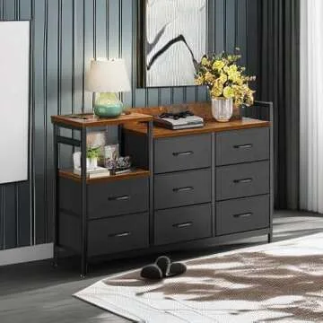 ODK Dresser with Charging Station, 52-Inch Long Dresser for Bedroom with 8 Storage Drawers, Fabric Dressers Chests of Drawers with Sturdy Steel Frame and Wooden Top, Vintage and Black