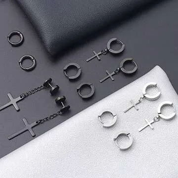 NEWITIN 15 Pairs Stainless Steel Stud Earrings for Men Hypoallergenic Earrings Cross Earrings Unisex Earrings Hoop Earrings Hinged Cross Dangle Earrings for Women Men