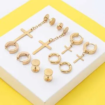 NEWITIN 15 Pairs Stainless Steel Stud Earrings for Men Hypoallergenic Earrings Cross Earrings Unisex Earrings Hoop Earrings Hinged Cross Dangle Earrings for Women Men