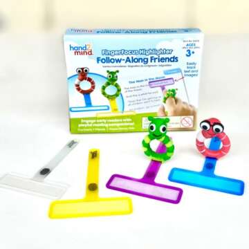 hand2mind FingerFocus Highlighter Follow-Along Friends, Guided Reading Strips, Reading Tracker, Color Overlays for Dyslexia, ADHD Tools for Kids, Reading Classroom Supplies, Reading Accessories
