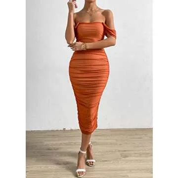 Pofash Women's Off The Shoulder Backless Bodycon Ruched Cocktail Party Midi Dress Brown X-Large