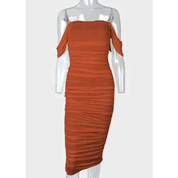 Pofash Women's Off The Shoulder Backless Bodycon Ruched Cocktail Party Midi Dress Brown X-Large