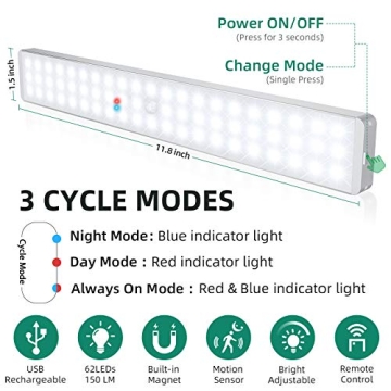 62LED Motion Sensor Lights with Remote Control and Rechargeable Battery
