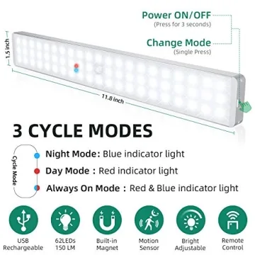 62LED Motion Sensor Lights with Remote Control and Rechargeable Battery