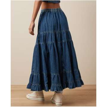 YEXPINE Women's Swing Chambray Maxi Skirt Elastic Waist Pleated Tiered Flowy Long Skirts Retro Denim Skirt