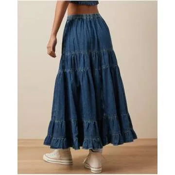 YEXPINE Women's Swing Chambray Maxi Skirt Elastic Waist Pleated Tiered Flowy Long Skirts Retro Denim Skirt