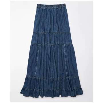 YEXPINE Women's Swing Chambray Maxi Skirt Elastic Waist Pleated Tiered Flowy Long Skirts Retro Denim Skirt