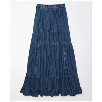 YEXPINE Women's Swing Chambray Maxi Skirt Elastic Waist Pleated Tiered Flowy Long Skirts Retro Denim Skirt